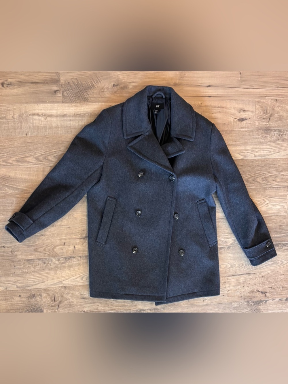 H&M Men’s Dark Gray Wool Blend Pea Coat Size 46R Double Breasted Winter
